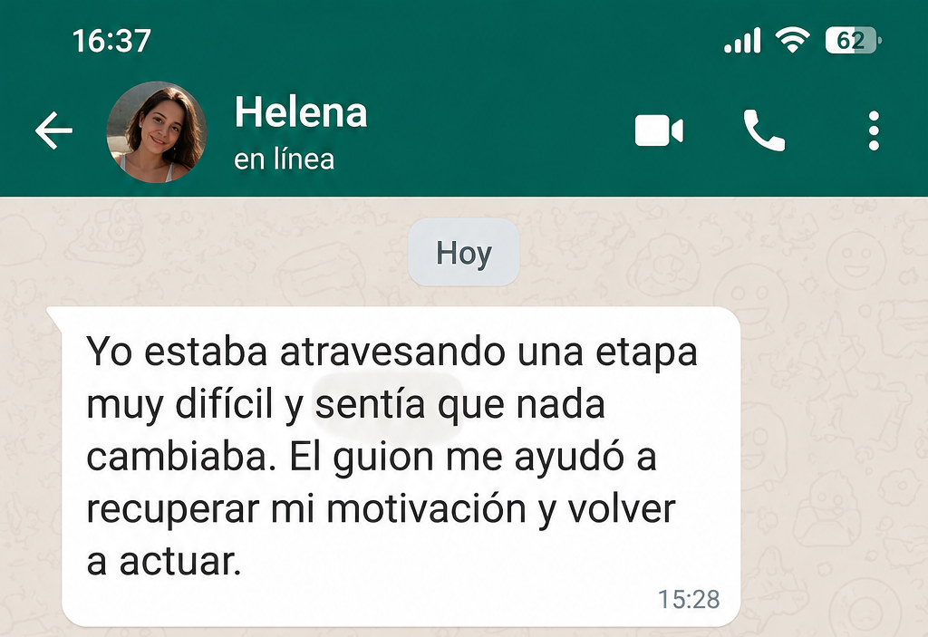 Ejemplo visual de un mensaje de Helena: Yo estaba atravesando una etapa muy difícil y sentía que nada cambiaba. El guion me ayudó a recuperar mi motivación y volver a actuar.